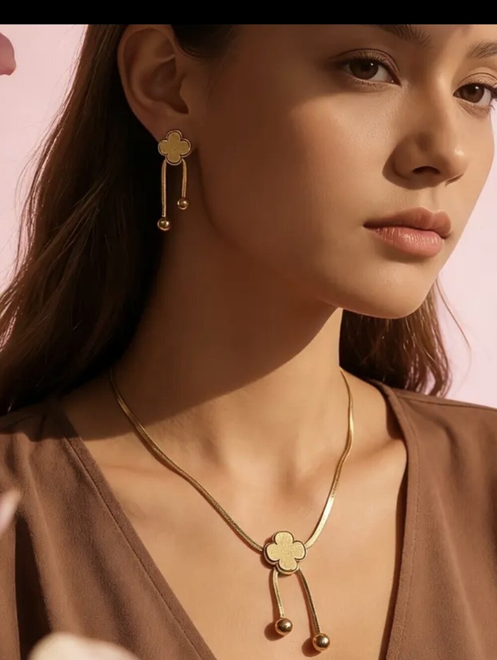Gold Plated Four Lead Clover Necklace & Earrings Set